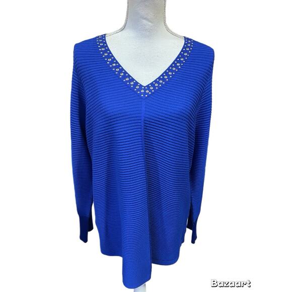 Cyrus Sweater Cobalt Blue Studded V-Neck Long Sleeve Pullover Women's Size 1X - Picture 1 of 9